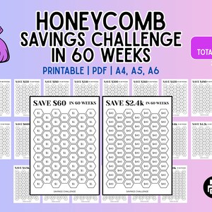 May include: Printable savings challenge in a honeycomb design. The text reads "Honeycomb Savings Challenge in 60 Weeks." Includes PDF formats for A4, A5, and A6 sizes. Features a money bag graphic and various savings goals.