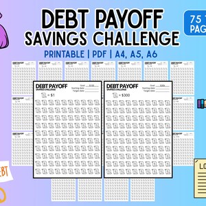 May include: A printable debt payoff savings challenge with the text "DEBT PAYOFF SAVINGS CHALLENGE". The design includes money bag illustrations, a scissors graphic, and savings trackers. The printable is available in PDF format and A4, A5, and A6 sizes.