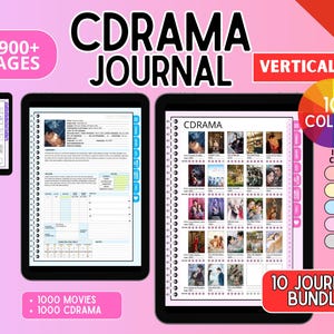 Può includere: Un DIARIO CDRAMA digitale con oltre 2900 pagine, con layout verticale, 10 opzioni di colore e un pacchetto di 10 diari. Il display mostra pagine di indice, elenchi di tracciamento di film e drammi e modelli di recensione su tablet su sfondo rosa.