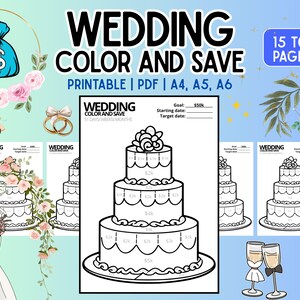May include: A printable wedding color and save planner with a cake design. The planner includes a goal of $50k and a target date. The image also features a bride and groom, wedding rings, and champagne glasses.