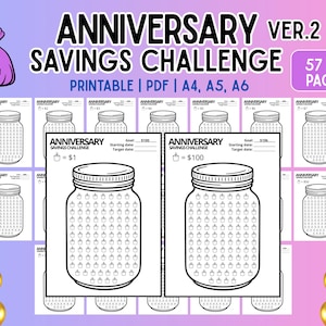 May include: Printable anniversary savings challenge with jar graphics. The design includes the text "ANNIVERSARY SAVINGS CHALLENGE" and "$1" and "$100" savings goals. The image also includes a money bag graphic and gold balloons.