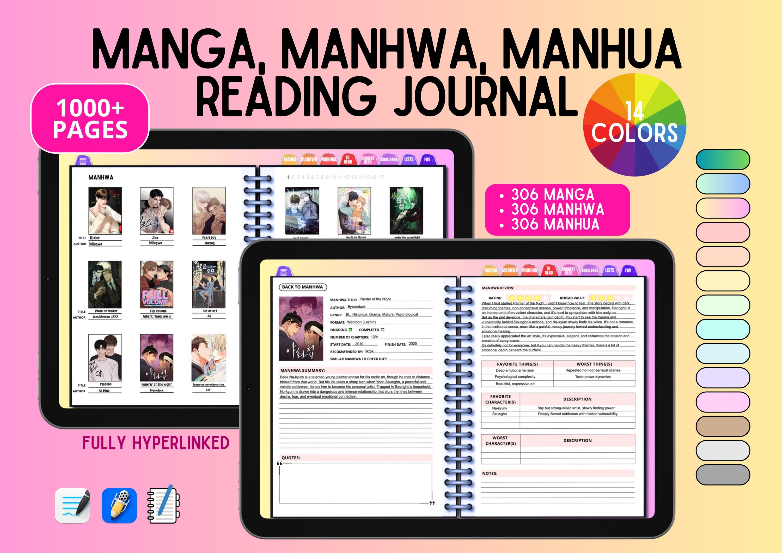 Manga Manhwa Manhua digital reading Journal | 14 colors - fully hyperlinked