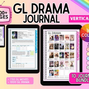 May include: A digital GL Drama journal bundle featuring 2600+ pages, vertical orientation, and 10 color options. The display shows tablet screens with index pages, drama tracking logs, and movie lists. Includes icons for notes, pens, and a plus sign on a light background.