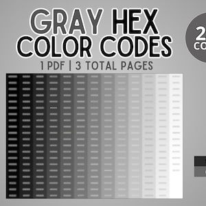 Può includere: Un grafico digitale che mostra i codici colore esadecimali grigi. L'immagine include una sfumatura di tonalità di grigio, un cerchio con "256 CODES" e il testo "GRAY HEX COLOR CODES". L'immagine include anche i codici esadecimali #2A2A2A e #696969.