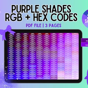 Könnte beinhalten: Digitales PDF-Dokument mit 250 Lilatönen mit RGB- und HEX-Codes. Das Bild zeigt ein Tablet mit Farbfeldern, einen lila Pinguin und den Text "PURPLE SHADES RGB + HEX CODES PDF FILE | 3 PAGES."