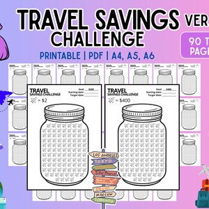 May include: Printable travel savings challenge with two jar designs, each with airplane icons. The text reads "TRAVEL SAVINGS CHALLENGE" and "$2" and "$400". Includes travel-themed illustrations like a passport, suitcase, and world map.