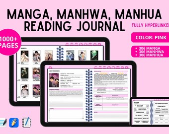 Diario de manga, manhwa y manhua: más de 1000 páginas, planificador de lectura digital rosa, registro de capítulos, diario otaku, rastreador de webtoons, reseñas de cómics