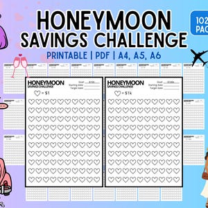 Smekmånad v1: 34 sparutmaningar, spara 100 till 100 000 dollar | Pengasparplan, budgetspårare, finansiell planerare, pengamål, sparande