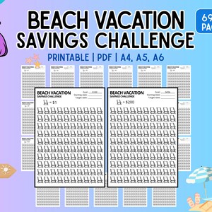 May include: A printable "Beach Vacation Savings Challenge" with a beach theme. The design includes a money bag, beach chairs, and the text "Beach Vacation Savings Challenge". The document is available in PDF format and A4, A5, and A6 sizes.