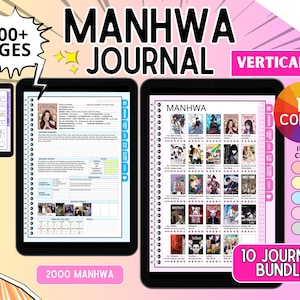 May include: A digital Manhwa journal bundle featuring 2900+ pages and 2000 Manhwa entries. The display shows two tablets with spiral-bound page layouts, index tabs, and a color palette of 10 options including pink, yellow, blue, and gray for customization.