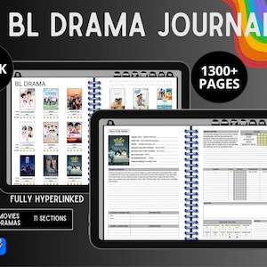 Puede incluir: Un diario BL Drama negro con el texto "BL DRAMA JOURNAL" en la parte superior. El diario presenta más de 1300 páginas, 360 películas BL, 720 dramas BL y 11 secciones. El diario está totalmente hipervinculado.
