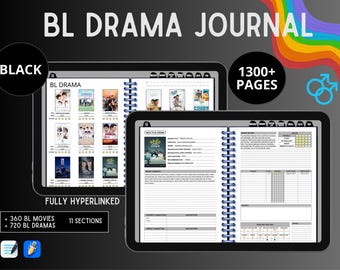 Diario de dramas BL: más de 1300 páginas, color negro / Seguimiento de dramas de Boys Love, diario de series Thai Boys Love, registro de episodios, planificador digital de series