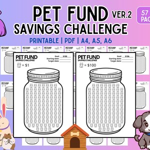 Puede incluir: Un "Reto de Ahorro para Mascotas" imprimible con gráficos de tarros, diseñado para la planificación financiera. La imagen incluye una bolsa de dinero, accesorios para mascotas y mascotas de dibujos animados. El texto dice "Printable | PDF | A4, A5, A6".