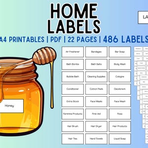 Könnte beinhalten: Digitales, druckbares Etiketten-Set für zu Hause. Das Bild zeigt ein Honigglas mit einem Honiglöffel, ein Raster von Etikettenkategorien und einen Stapel von Etiketten. Der Text enthält "HOME LABELS", "A4 PRINTABLES | PDF | 22 PAGES | 486 LABELS".