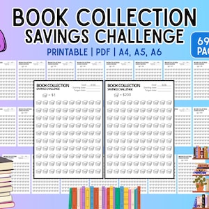 Könnte beinhalten: Druckbare Spar-Challenge für Büchersammlungen mit dem Text "Book Collection Savings Challenge" und "Printable | PDF | A4, A5, A6". Das Design beinhaltet eine Geldsack-Grafik und eine Spar-Tabelle für 1€ und 200€.