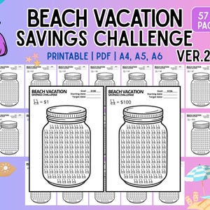 May include: A printable "Beach Vacation Savings Challenge" with a jar design. The image includes text, "Beach Vacation Savings Challenge," and "Printable | PDF | A4, A5, A6 VER.2." The design features jars with spaces for tracking savings goals.