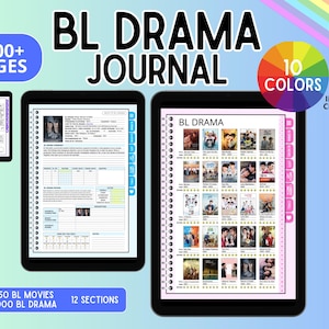 May include: A digital BL Drama Journal with 2600+ pages, featuring 750 BL movies and 1000 BL dramas. Includes 12 sections and a color palette with 10 colors to choose from. The journal is displayed on a tablet.
