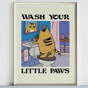 Wash Your Little Paws Bathroom Decoration, Kids Toilet Decoration, Cat Washing Up Wall Art, Cute Cat in the Toilet Print, DIGITAL DOWNLOAD