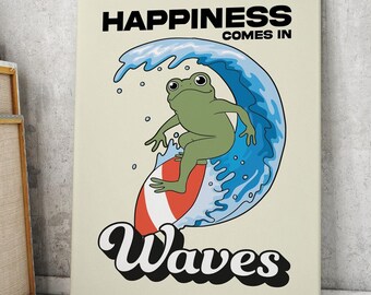 Retro Surfing Frog Happiness Comes in Waves Motivation Poster, Home Office Decor, Mental Health Print, Quote Poster Art, DIGITAL DOWNLOAD