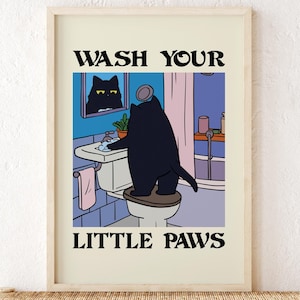 Wash Your Little Paws Cat Poster, Kids Toilet Decoration, Bathroom Washing Up Wall Art, Black Cat in the Toilet Print, DIGITAL DOWNLOAD