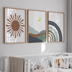 3er-Set Poster Boho Sonnenlandschaft Regenbogen Wandkunst, Kinderzimmer Poster, druckbare Kunst für Kinder und Babys, Wanddekoration für Kinder und Babys, DIGITALER DOWNLOAD