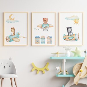 Set of 3 Kid Prints Giraffe, Tiger and Zebra on a Plane, Kid and Baby Printable Art, Nursery Poster, Children Wall Art, DIGITAL DOWNLOAD