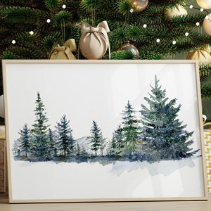 Handpainted Snowy Winter Forest with Pine Trees Poster, Christmas Wall Art, Watercolor Christmas Pine Tree Print, DIGITAL DOWNLOAD