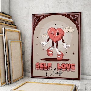 Plakat Self Love Club Heart, retro motywacja plakat Home Office, szkoła do druku, plakat terapii cytatem, plakat w klasie, pobranie cyfrowe