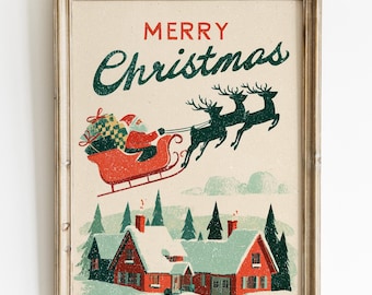 Vintage Santa Sleigh Christmas Print, Retro Holiday Wall Art, Mid-Century Merry Christmas Poster, Festive Scandinavian Winter Home Decor