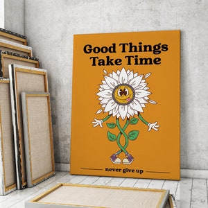 Groovy plakat, retro motywacja plakat Home Office, dobre rzeczy wymagają czasu druku, pozytywny plakat z cytatem, plakat w klasie, cyfrowe pobranie