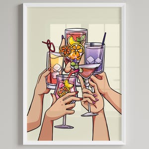 Puede incluir: Una impresión enmarcada que presenta una ilustración estilizada de un brindis con cócteles. La imagen muestra varias bebidas coloridas en diferentes vasos, adornadas con frutas y pajitas. La obra de arte está ambientada sobre un fondo claro.