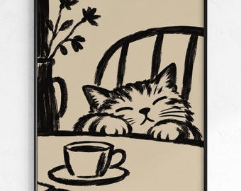 Sleepy Cat Coffee Wall Art Printable, Cozy Cat Poster, Black and White Ink Art, Coffee Lover Decor, Kitchen Wall Art, Cat Lover Gift