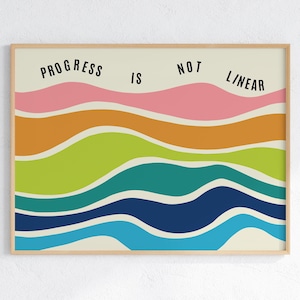 May include: A framed art print with the text "PROGRESS IS NOT LINEAR" above a series of colorful, wavy lines. The lines are in shades of pink, orange, green, teal, blue, and light blue. The frame is a light wood color.