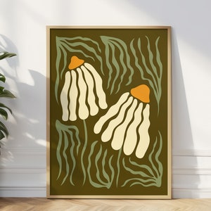 Puede incluir: Una impresión de arte digital con dos flores blancas estilizadas con centros naranjas sobre un fondo verde oscuro con líneas abstractas verdes.