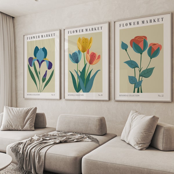 Set of 3 Flower Illustrations, Flower Market Prints, Iris, Tulip and Rose Botanical Poster, Floral and Nature Wall Art, DIGITAL DOWNLOAD