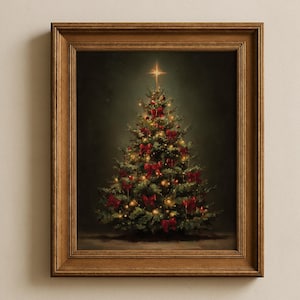 vintage christmas tree print, traditional holiday wall art, classic christmas decor print, festive christmas tree painting, vintage christmas home art, elegant holiday wall decor, red bow christmas tree artwork, cozy christmas wall print, christmas tree oil painting style, nostalgic christmas home decor, christmas tree with lights art, classic festive holiday print, warm christmas living room art, christmas tree illustration wall art, elegant vintage holiday print, winter holiday home decor