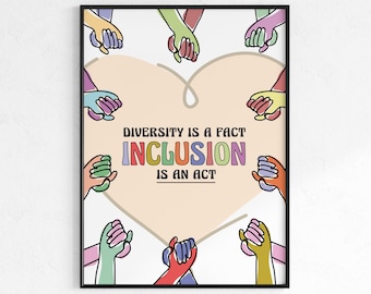 May include: A poster with a heart shape formed by colorful hands holding each other. The text "Diversity is a fact Inclusion is an act" is written in the center of the heart.