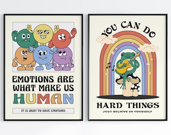 Set of 2 Prints Emotions Make us Human You Can Do Hard Things Poster, Retro Motivation, Quote Poster, Classroom Poster, DIGITAL DOWNLOAD