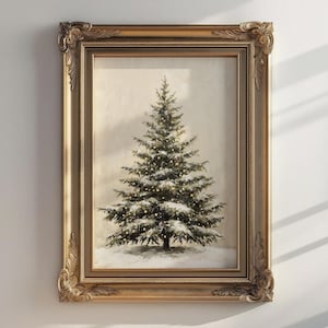 Puede incluir: Una pintura enmarcada de un árbol de hoja perenne cubierto de nieve con luces blancas. El árbol está en un marco dorado con detalles ornamentados.
