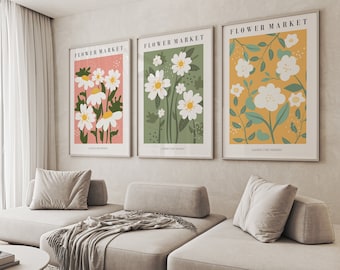Set of 3 Daisy Flower Market Prints, Botanical Illustration, Floral and Nature Wall Art, Digital Art, DIGITAL DOWNLOAD