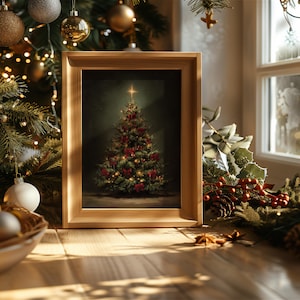 vintage christmas tree print, traditional holiday wall art, classic christmas decor print, festive christmas tree painting, vintage christmas home art, elegant holiday wall decor, red bow christmas tree artwork, cozy christmas wall print, christmas tree oil painting style, nostalgic christmas home decor, christmas tree with lights art, classic festive holiday print, warm christmas living room art, christmas tree illustration wall art, elegant vintage holiday print, winter holiday home decor