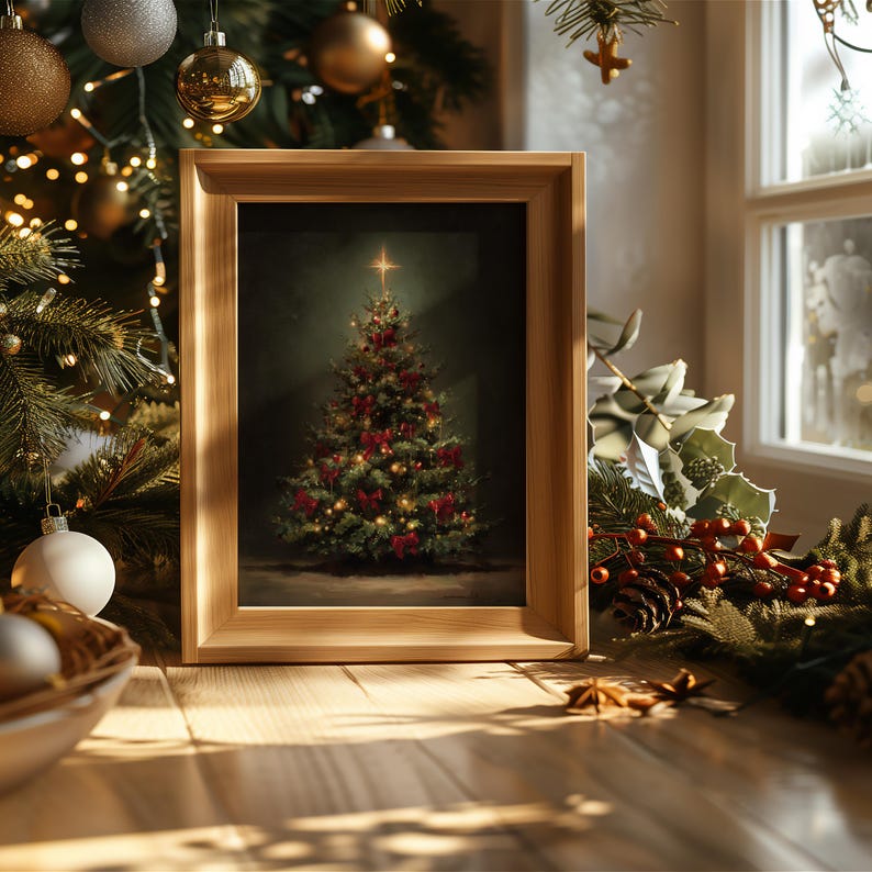 vintage christmas tree print, traditional holiday wall art, classic christmas decor print, festive christmas tree painting, vintage christmas home art, elegant holiday wall decor, red bow christmas tree artwork, cozy christmas wall print, christmas tree oil painting style, nostalgic christmas home decor, christmas tree with lights art, classic festive holiday print, warm christmas living room art, christmas tree illustration wall art, elegant vintage holiday print, winter holiday home decor
