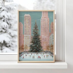 christmas in the city wall art print, rockefeller christmas tree painting, holiday ice skating scene artwork, new york city christmas wall decor, festive winter cityscape art print, christmas tree and ice rink illustration, urban christmas holiday decor print, winter wonderland city wall art, cozy festive city christmas artwork, new york holiday season painting, skating rink christmas tree art print, christmas city skyline wall decor, modern christmas home decor artwork, downtown holiday