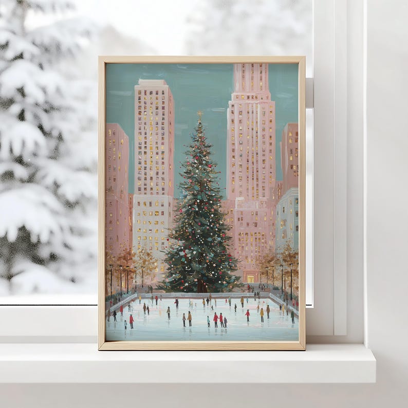christmas in the city wall art print, rockefeller christmas tree painting, holiday ice skating scene artwork, new york city christmas wall decor, festive winter cityscape art print, christmas tree and ice rink illustration, urban christmas holiday decor print, winter wonderland city wall art, cozy festive city christmas artwork, new york holiday season painting, skating rink christmas tree art print, christmas city skyline wall decor, modern christmas home decor artwork, downtown holiday