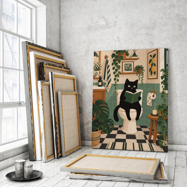 Cat on Toilet Digital Poster, Funny Black Cat Bathroom Wall Art ...