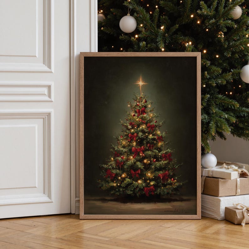 vintage christmas tree print, traditional holiday wall art, classic christmas decor print, festive christmas tree painting, vintage christmas home art, elegant holiday wall decor, red bow christmas tree artwork, cozy christmas wall print, christmas tree oil painting style, nostalgic christmas home decor, christmas tree with lights art, classic festive holiday print, warm christmas living room art, christmas tree illustration wall art, elegant vintage holiday print, winter holiday home decor