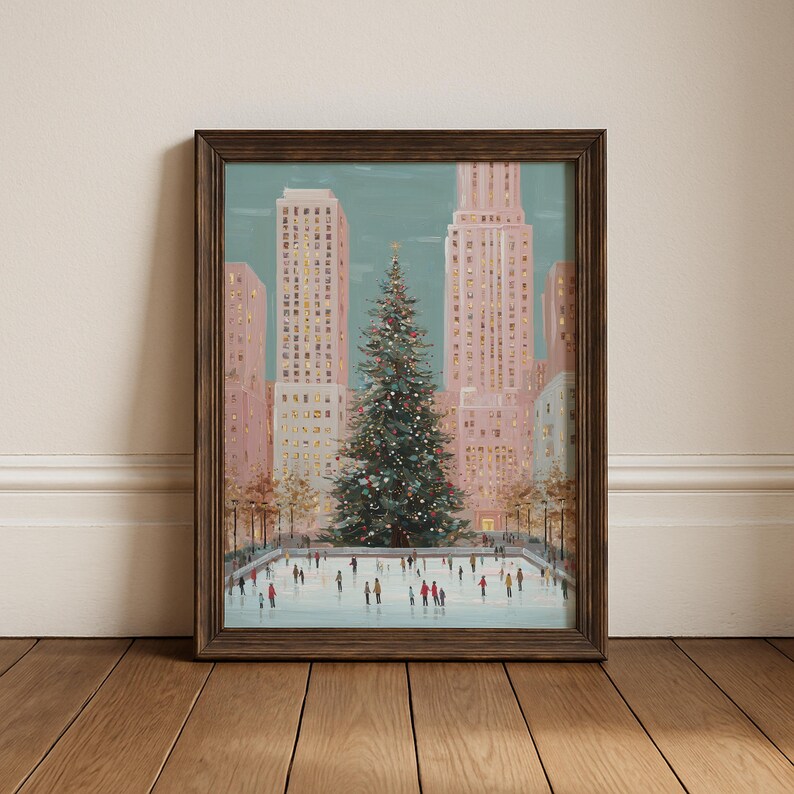 christmas in the city wall art print, rockefeller christmas tree painting, holiday ice skating scene artwork, new york city christmas wall decor, festive winter cityscape art print, christmas tree and ice rink illustration, urban christmas holiday decor print, winter wonderland city wall art, cozy festive city christmas artwork, new york holiday season painting, skating rink christmas tree art print, christmas city skyline wall decor, modern christmas home decor artwork, downtown holiday