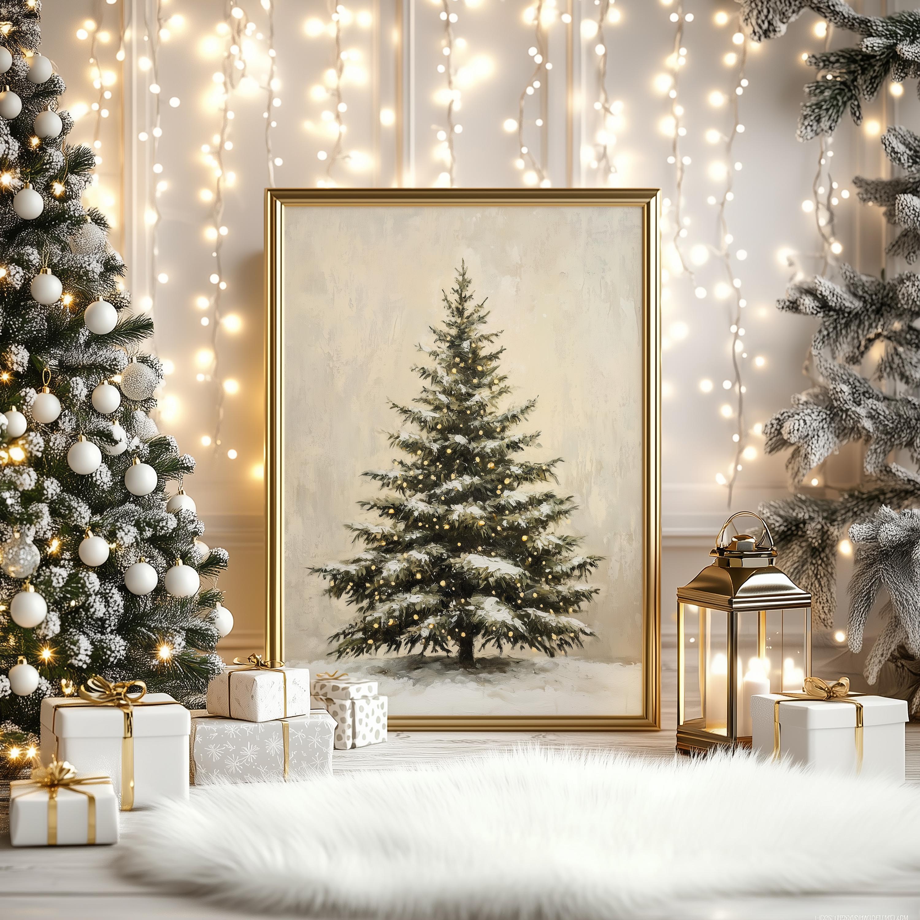 Christmas Wall Art Print, Vintage Christmas Pine Tree Art Prints Painting Rustic Fir Botanical Sketch Christmas Winter Wall Art Poster Vintage Christm