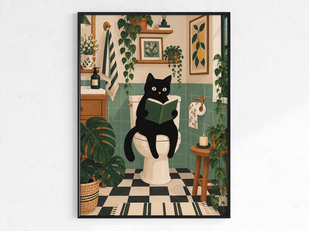 Cat on Toilet Digital Poster, Funny Black Cat Bathroom Wall Art ...