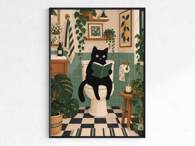 Cat on Toilet Digital Poster, Funny Black Cat Bathroom Wall Art ...